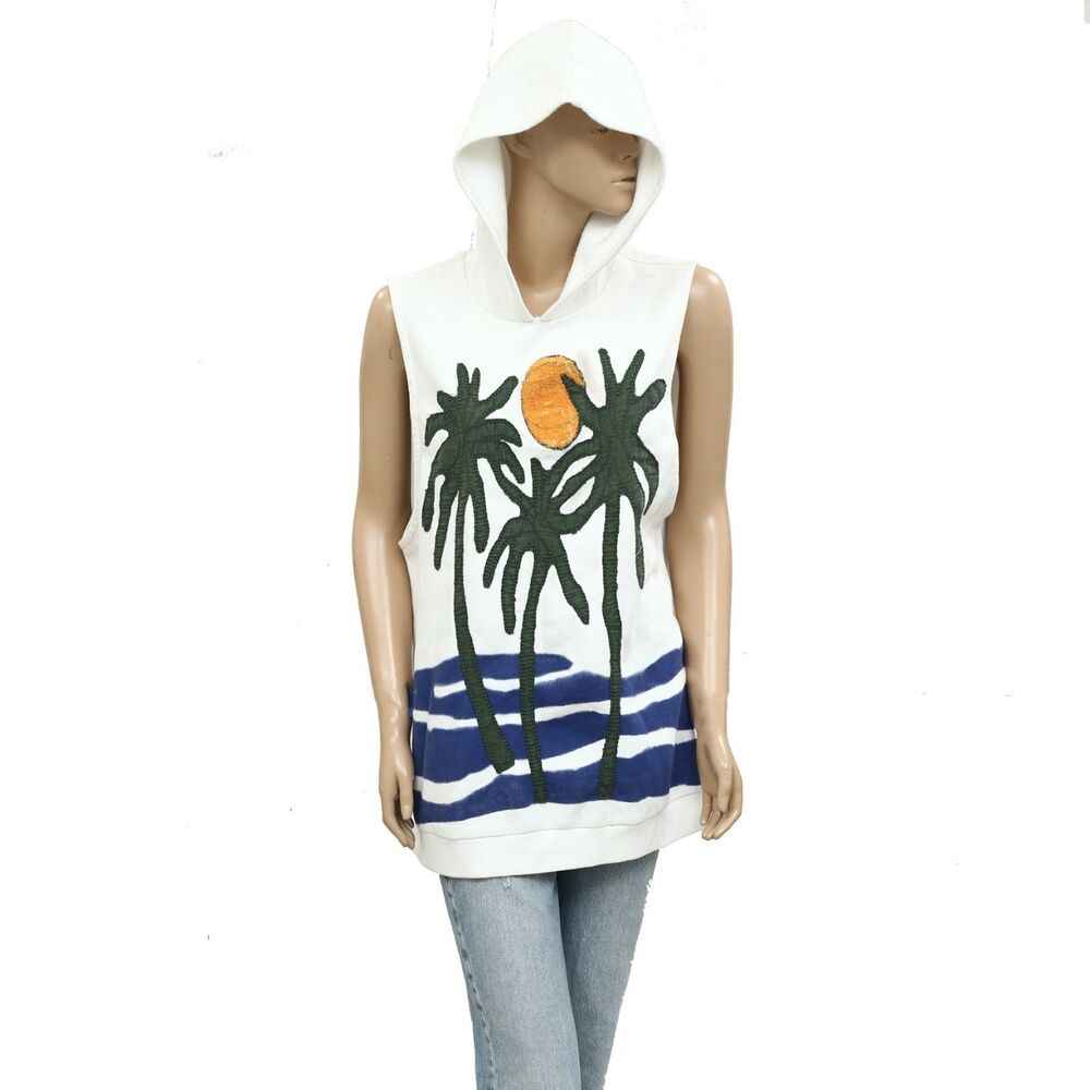 Free People Palm Tree Graphics Print Sweatshirt Hoodie Top White XS 283979